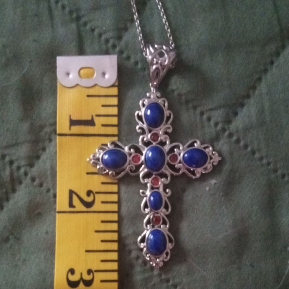Elegant Silver and Blue Cross Pendant Necklace